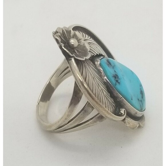 Sterling Silver Turquoise Stone Navajo Inspired Ring Feathers Flower - Picture 4 of 8